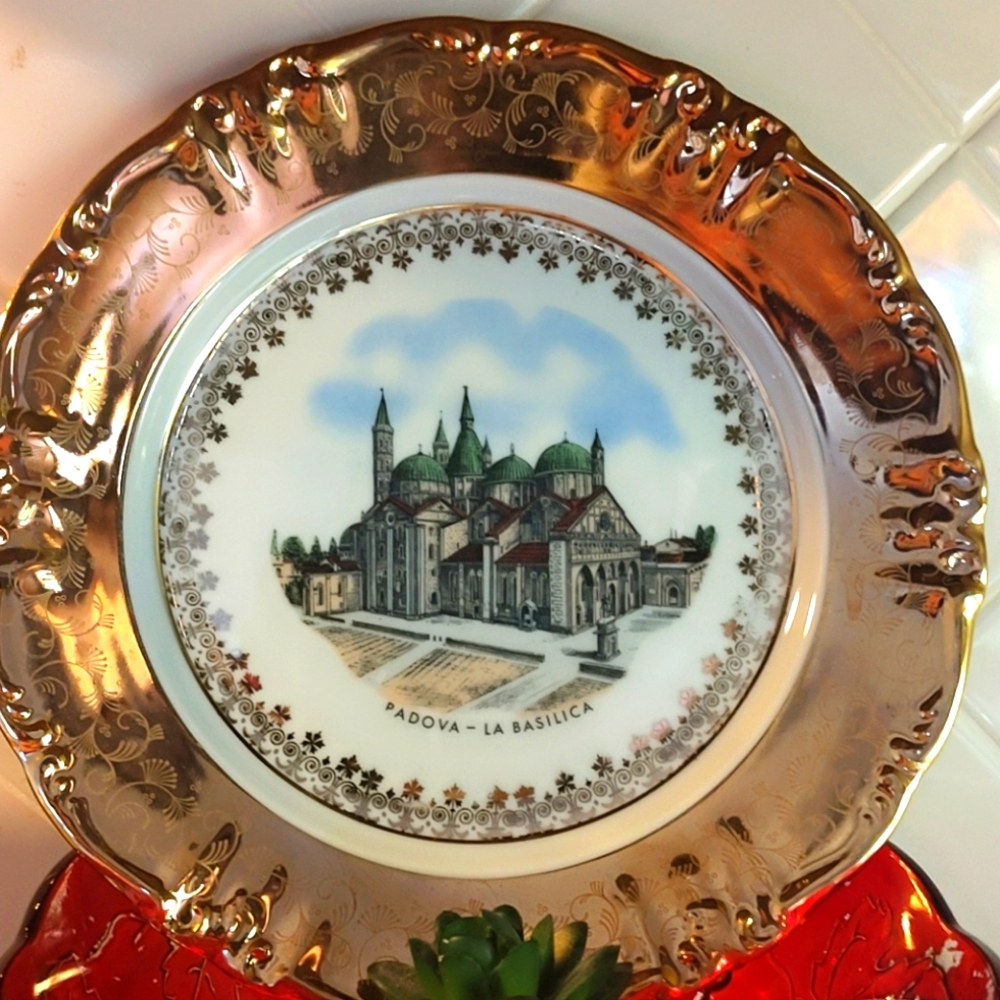 Gold and White Decorative Plate with Basilica Design
